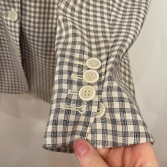 New Theory Oversized Linen Blend Plaid Blazer Ecru Black 2, XS $495 - Picture 7 of 12